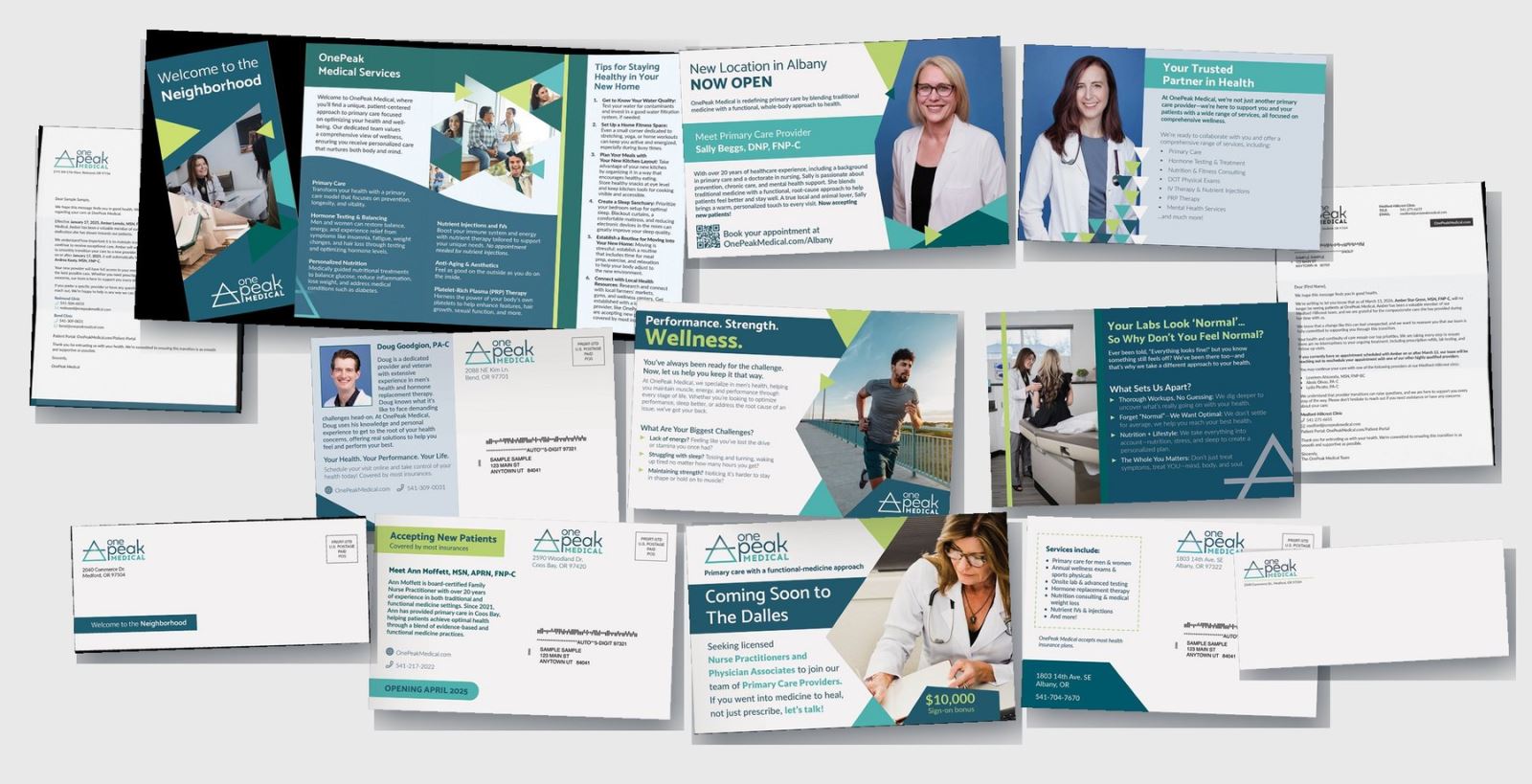 Spread of OnePeak Medical print materials produced by POS: a welcome brochure, provider transition letters, new-location and recruiting postcards, a partner panel, and mailing envelopes.